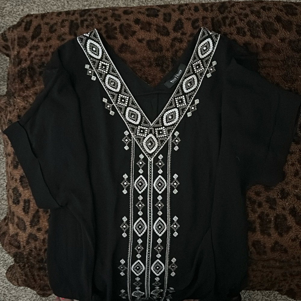 White House, black market, sheer top with embroidery and embellishments